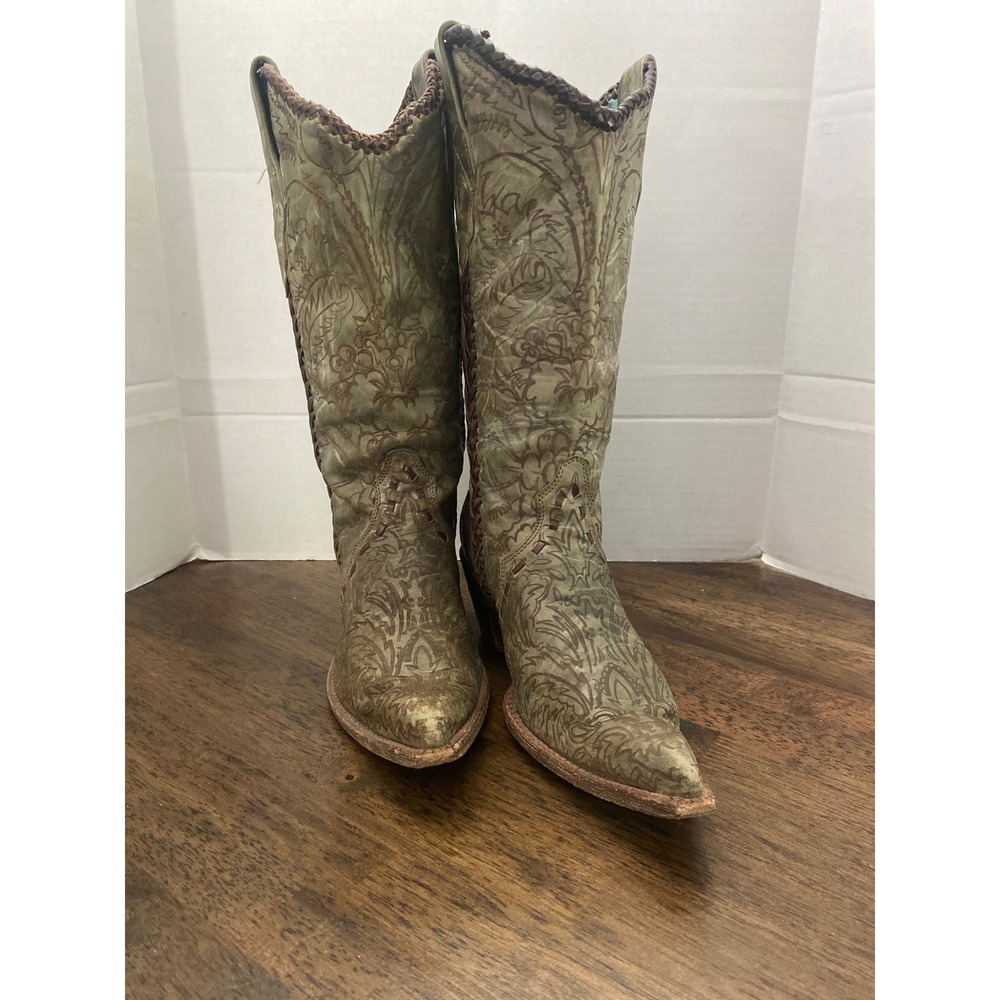 Corral Womens Sage Green Laser Etched Floral Western Cowgirl Boots SnipToe Sz8.5